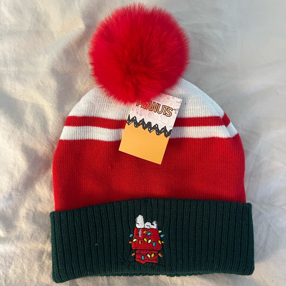 Red and Green Peanuts Beanie with Pom Pom
